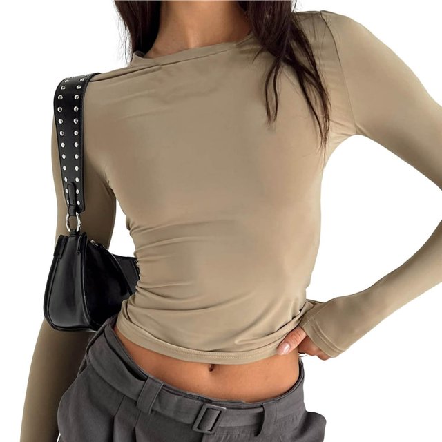 AMERTEER Pullover Blouse Solid Color Round Neck Long Sleeve Super Soft Lint Free Decorative Washable Women Autumn Basic Base Tees Tops for Girl