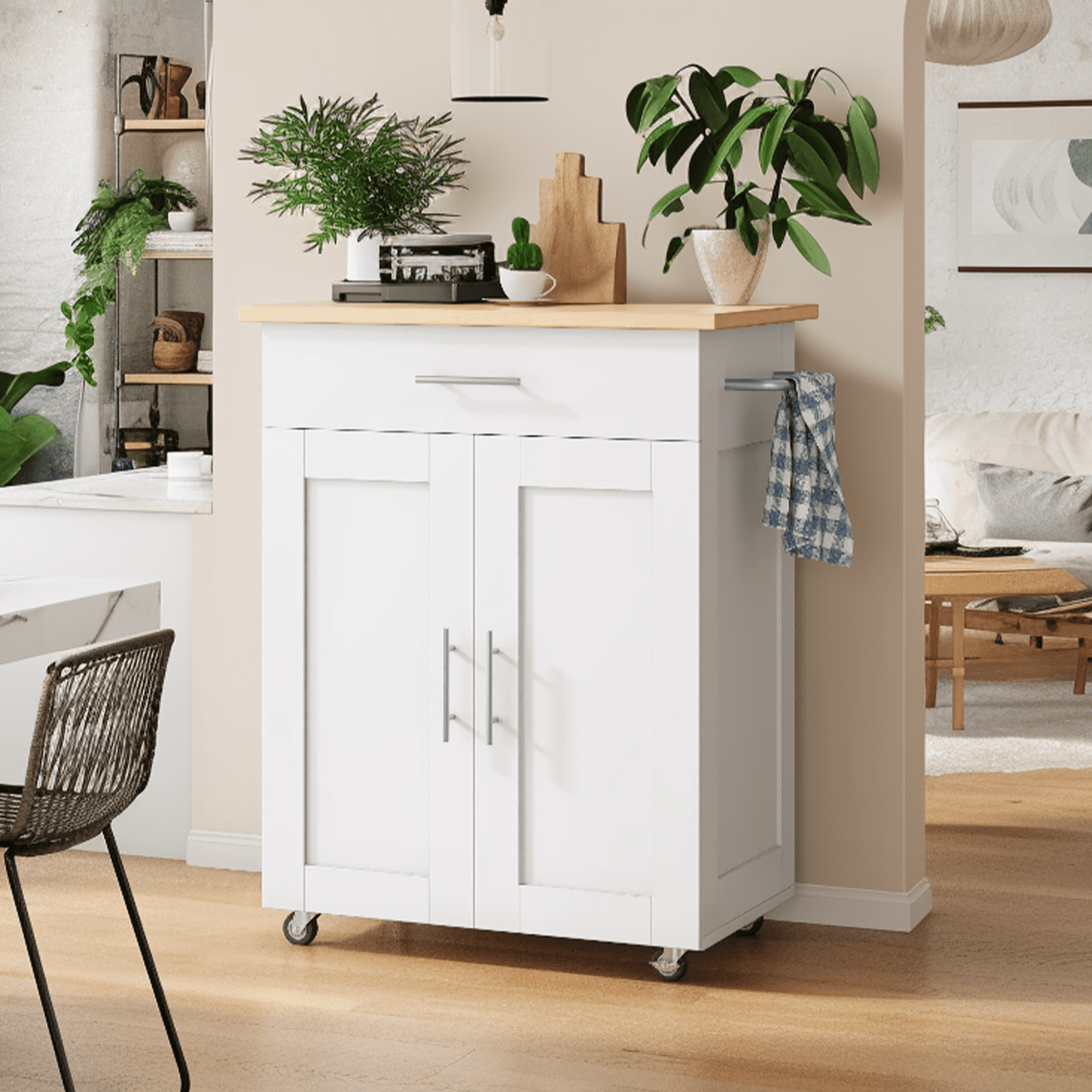 PulseFay Kitchen Island Cart with Storage, Small Kitchen Island on Wheels with Large Drawer, Adjustable Shelf & Towel Rack, Rolling Island Table for Kitchen & Dining Room, White