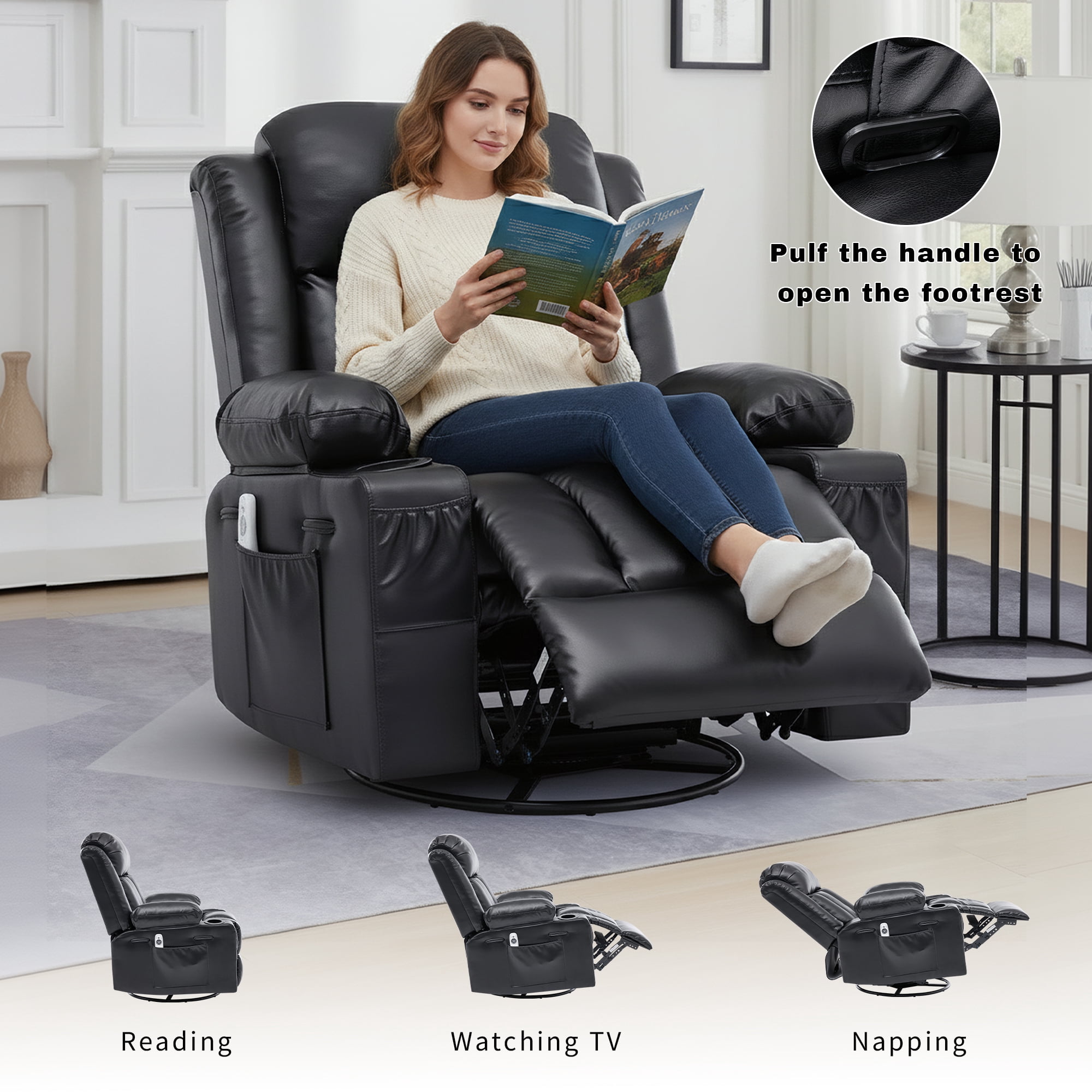 GAOHAPY Rocker Recliner Chair with Heat and Massage,360°Swivel Recliner Chair for Adults Elderly,Oversized Recliner Single Sofa Seat with 2 Cup Holders and Side Pocket(Black)