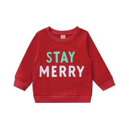 

nsendm Kids Sweaters Children s Christmas Printed Letters Tops Long Sleeve Fleece Guava Juice Sweater for Kids Childrenscostume Red 6-12 Months