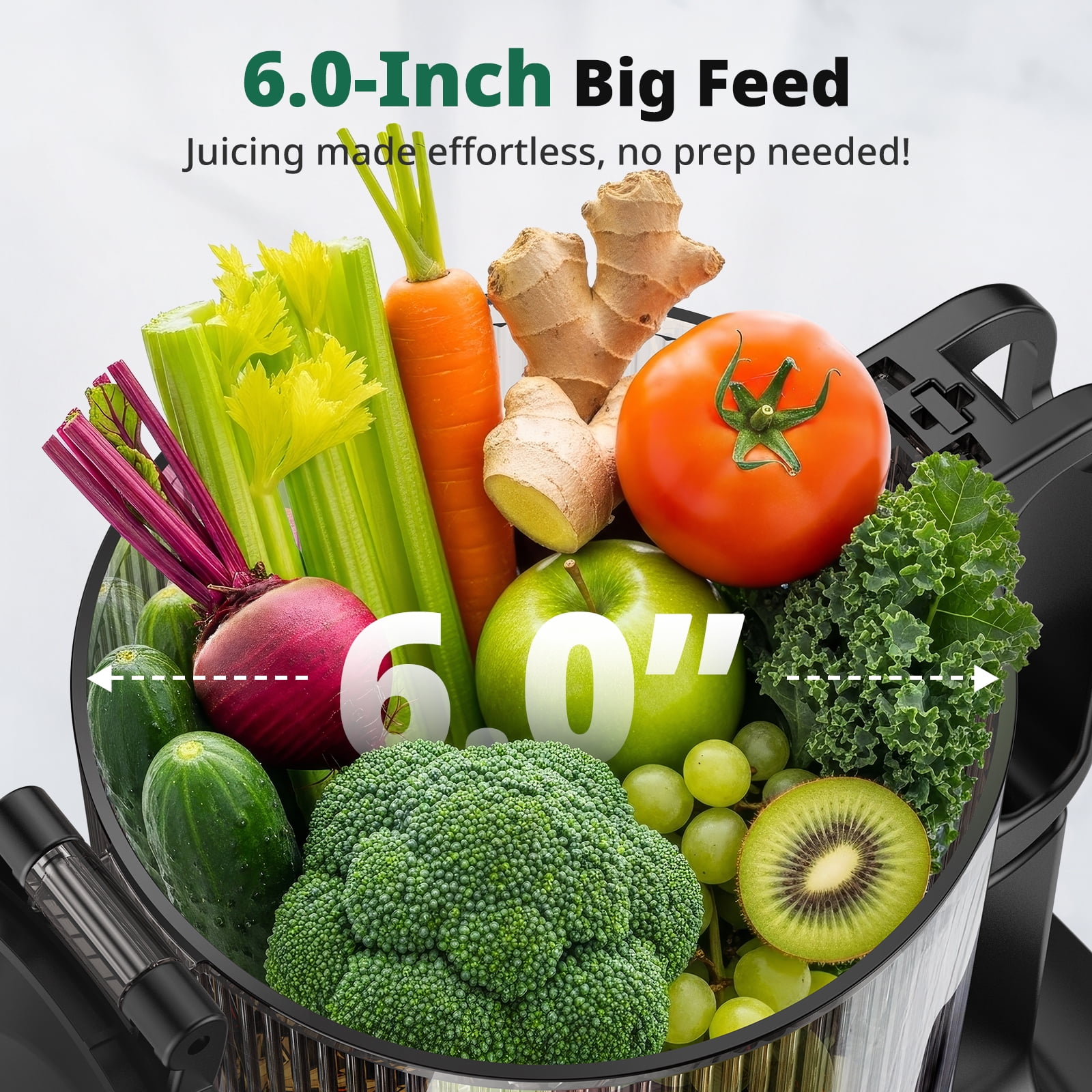 AIRMSEN Cold Press Juicer Machine with 6" Wide Feed Chute, 300W Slow Masticating Juicer, Easy-to-Clean Electric Juicer for Whole Fruits and Vegetables, BPA-Free, Black