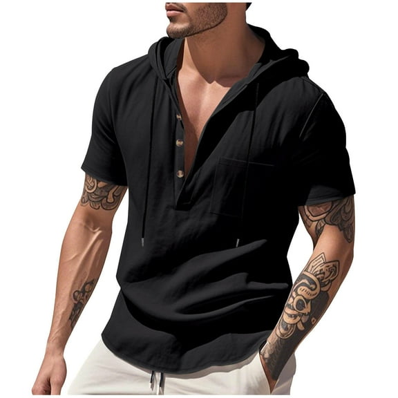 Mens Short Sleeve Hoodies Lightweight Breathable Deep V Neck Hooded T-Shirt Casual Summer Cotton Linen Shirt