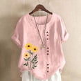 thumbnail image 2 of Women's Tops Summer Casual Crew Neck Flower Printed Button Short Sleeve Blouses Loose Fit Trendy Basic Shirts (5XL, Pink 1), 2 of 4