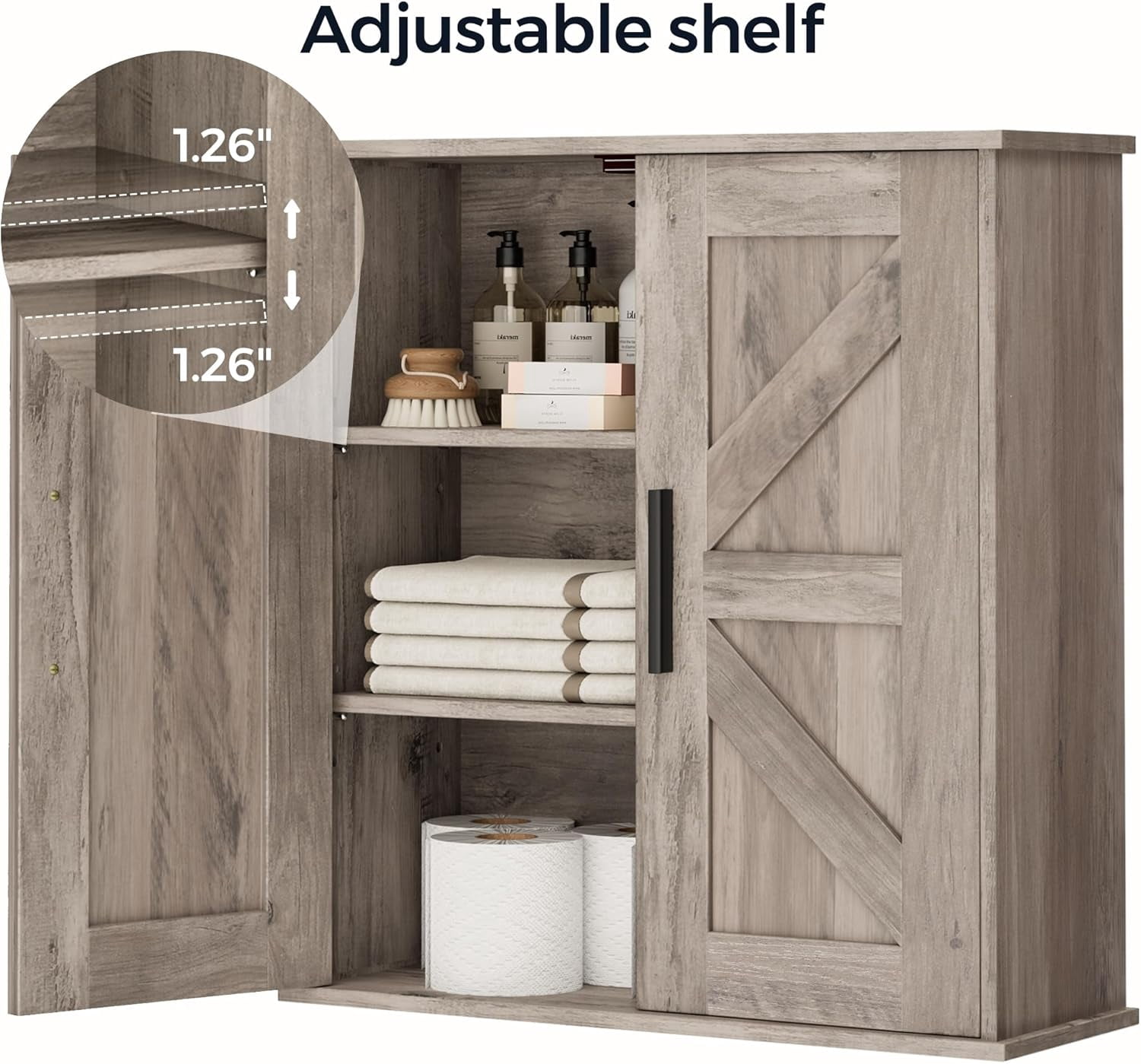 Bathroom Wall Cabinet, Over Toilet Storage Cabinet with Barn Doors and Adjustable Shelves, 3-Tier Medicine Cabinet Wall Mounted, for Bathroom, Kitchen, Entryway, Laundry Room, Greige, (7.9" D)