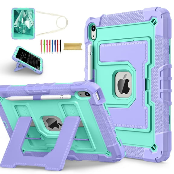 Allytechgroup Rugged Case for Apple iPad Mini 7th Gen / iPad Mini 6th Gen 8.3 Inch, Heavy Duty Protective Tablet Case with Kickstand, Pencil Holder & Detachable Shoulder Strap, Purple Mint