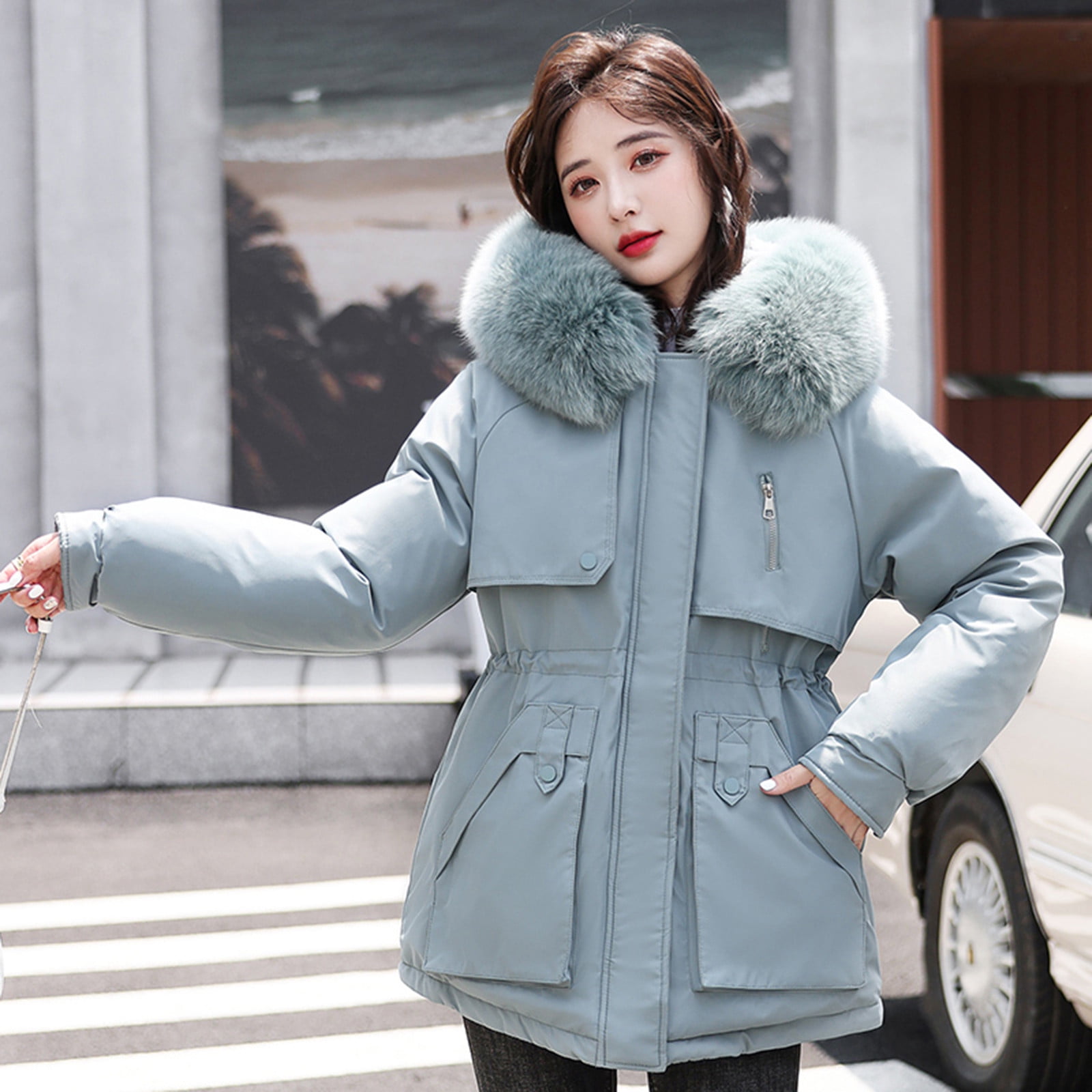 Herrnalise Womens Winter Jacket Warm Overcoat Slim Fur-Collar Zipper  Thicker Coat Outwear Winter Clothes for Women 