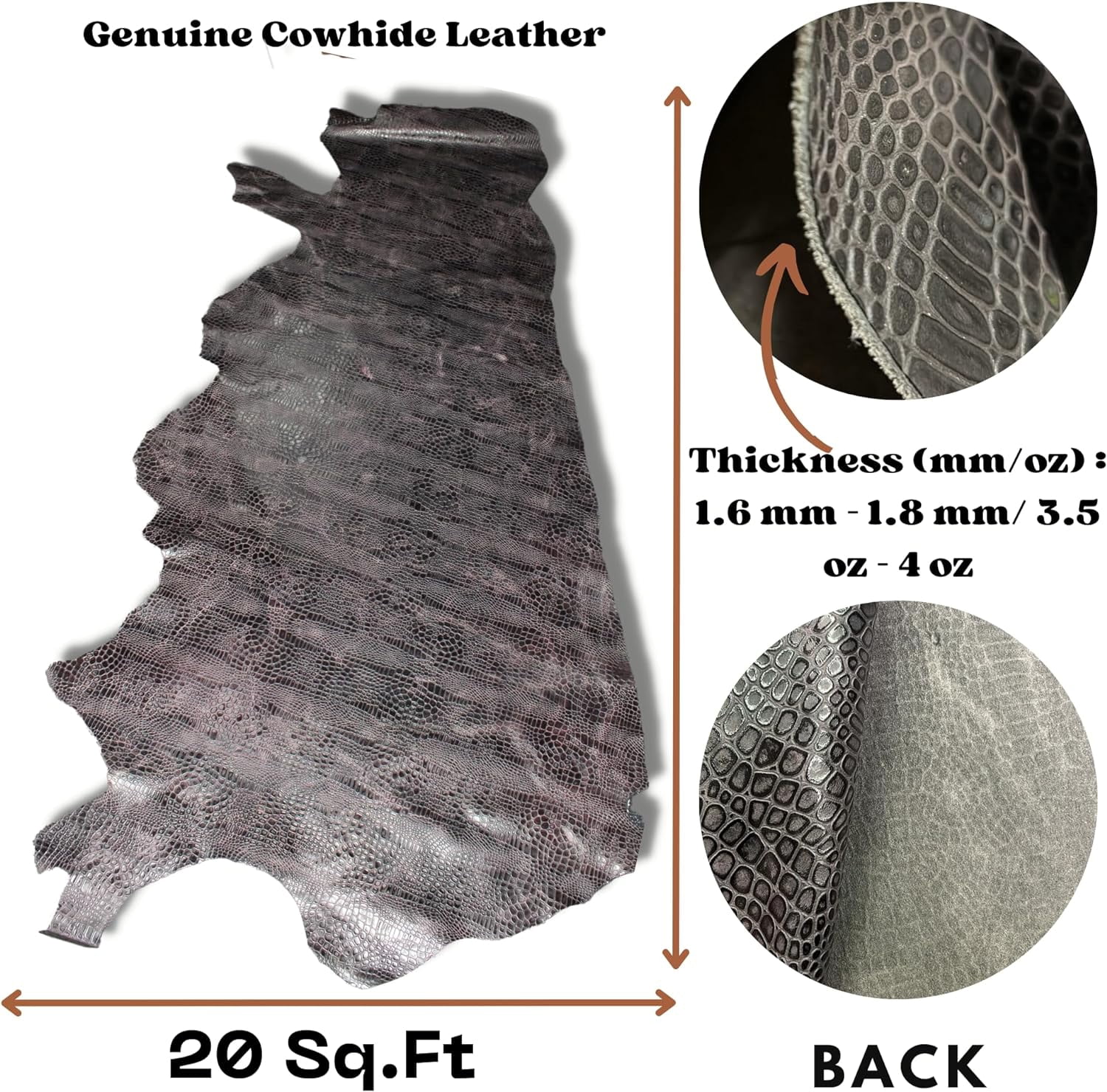ArtisanCowhides Genuine Reptile Embossed Cowhide Leather for Crafts – Brown 10 Sq ft