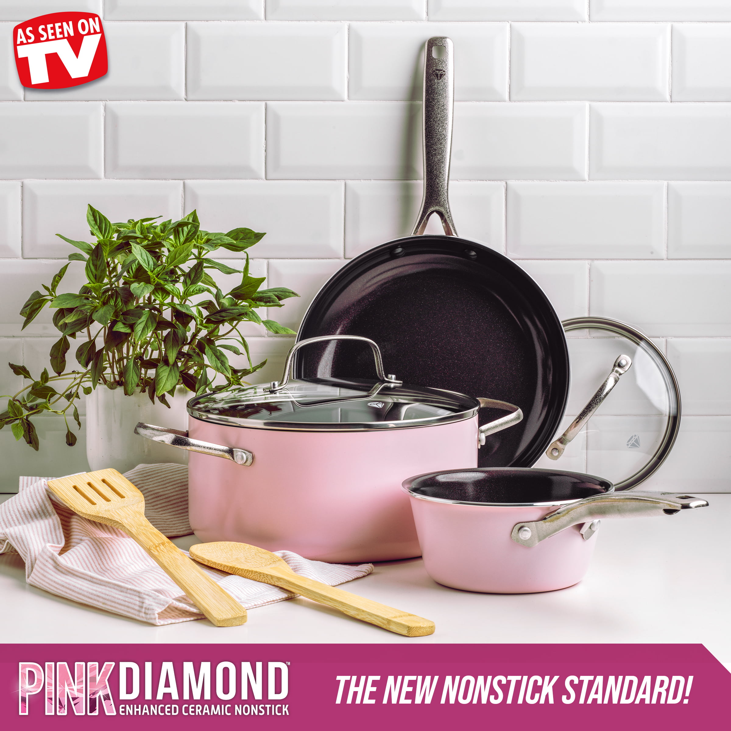 Blue & Pink Diamond Cookware, This ultra-durable Cookware set includes: 9.  5 frying pan, 1QT saucepan with lid, 5QT stock pot with lid, Bamboo  slotted Turner, Bamboo Solid Spoon