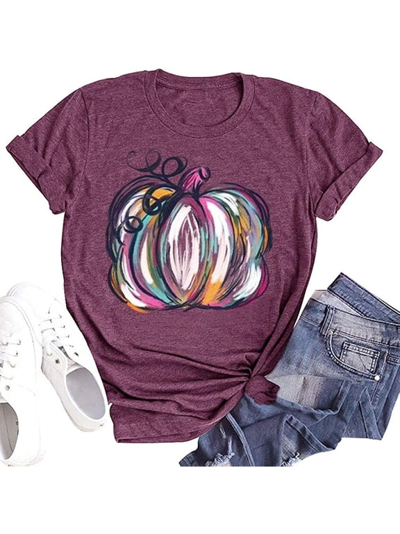 Womens Funny Leopard Pumpkin Shirts Short Sleeve Halloween Thanksgiving Fall T-Shirts Graphic Tee Tops