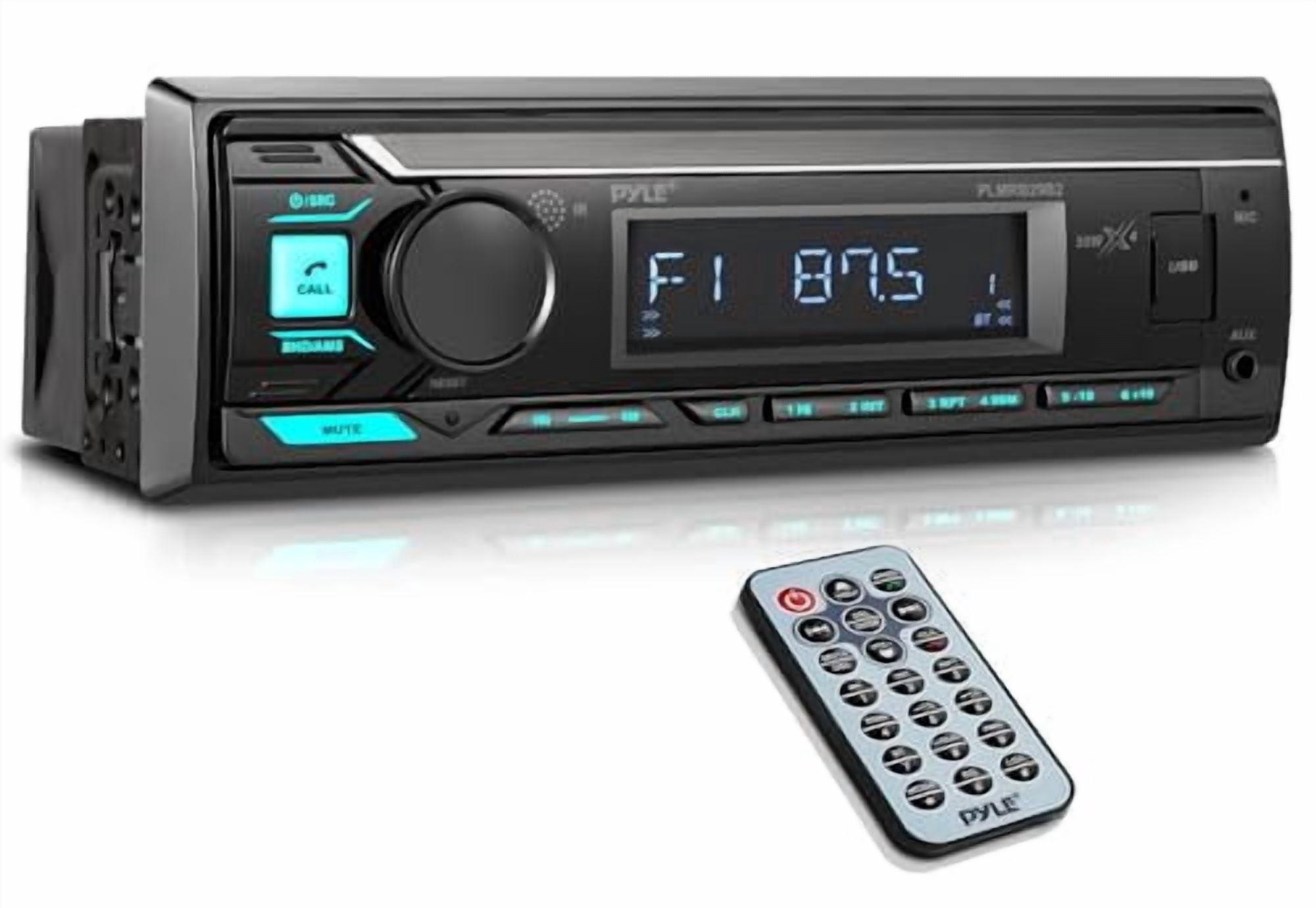 Pyle PLMRB29B2 Single DIN Marine Bluetooth MP3 Player Stereo Receiver, 4x 6.5" 120 Watt Peak 4-Ohm Marine Multicolor LED Coaxial Speakers with Charcoal Grilles, 4-Channel Amplifier, Radio Antenna