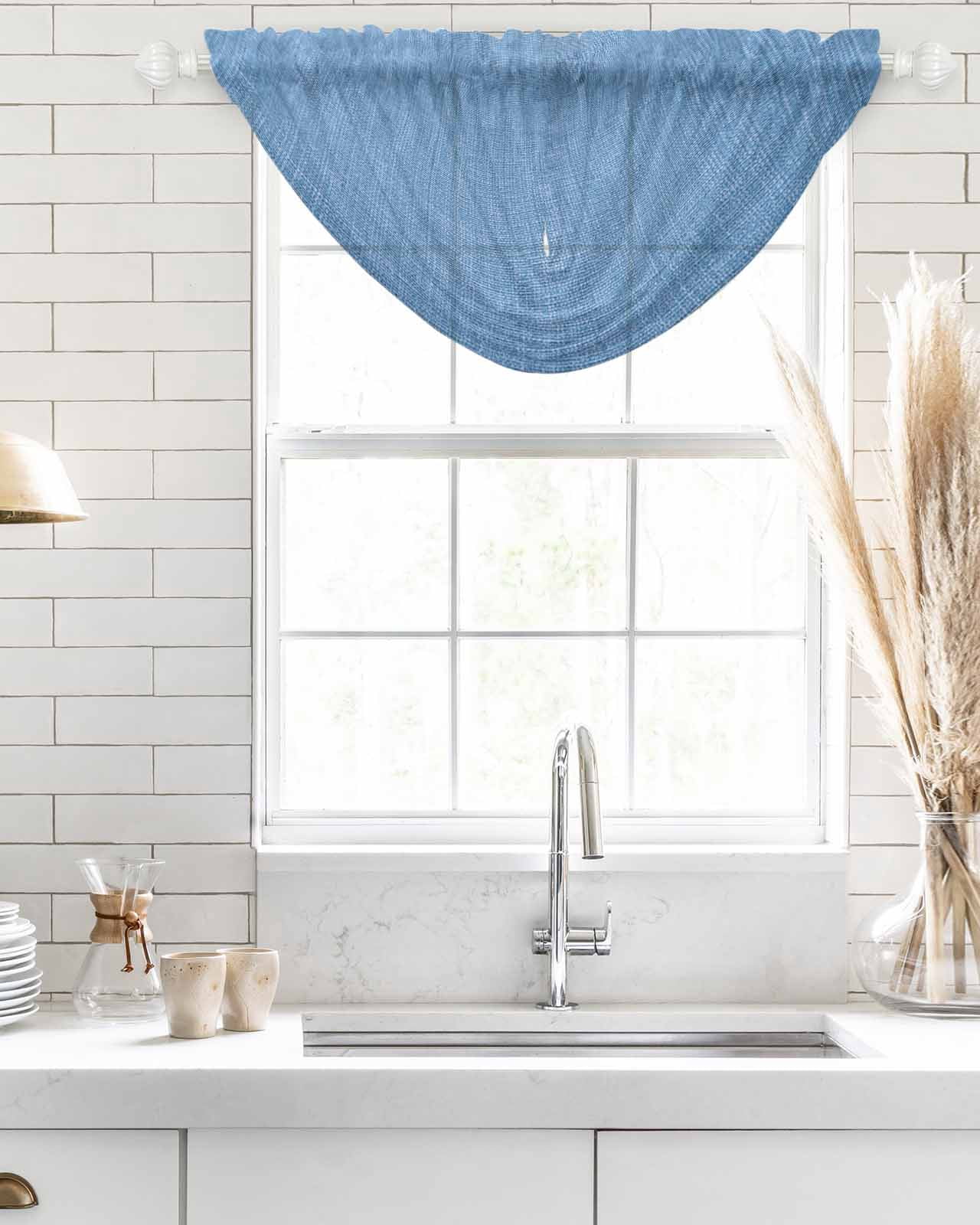 Blue Waterfall Valances for Windows, Farmhouse Burlap Solid Blue Color Modern Linen Texture Sheer Valance Curtains, Rod Pocket Elegant Swag Valances for Living Room Bedroom, 47.2"x38.5", 2 Panel