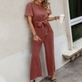 thumbnail image 5 of Plebaso Womens Short Sleeve Round Neck Jumpsuit Spring Summer Solid Color Lace-up Romper Ladies Casual Long Pants, 5 of 5