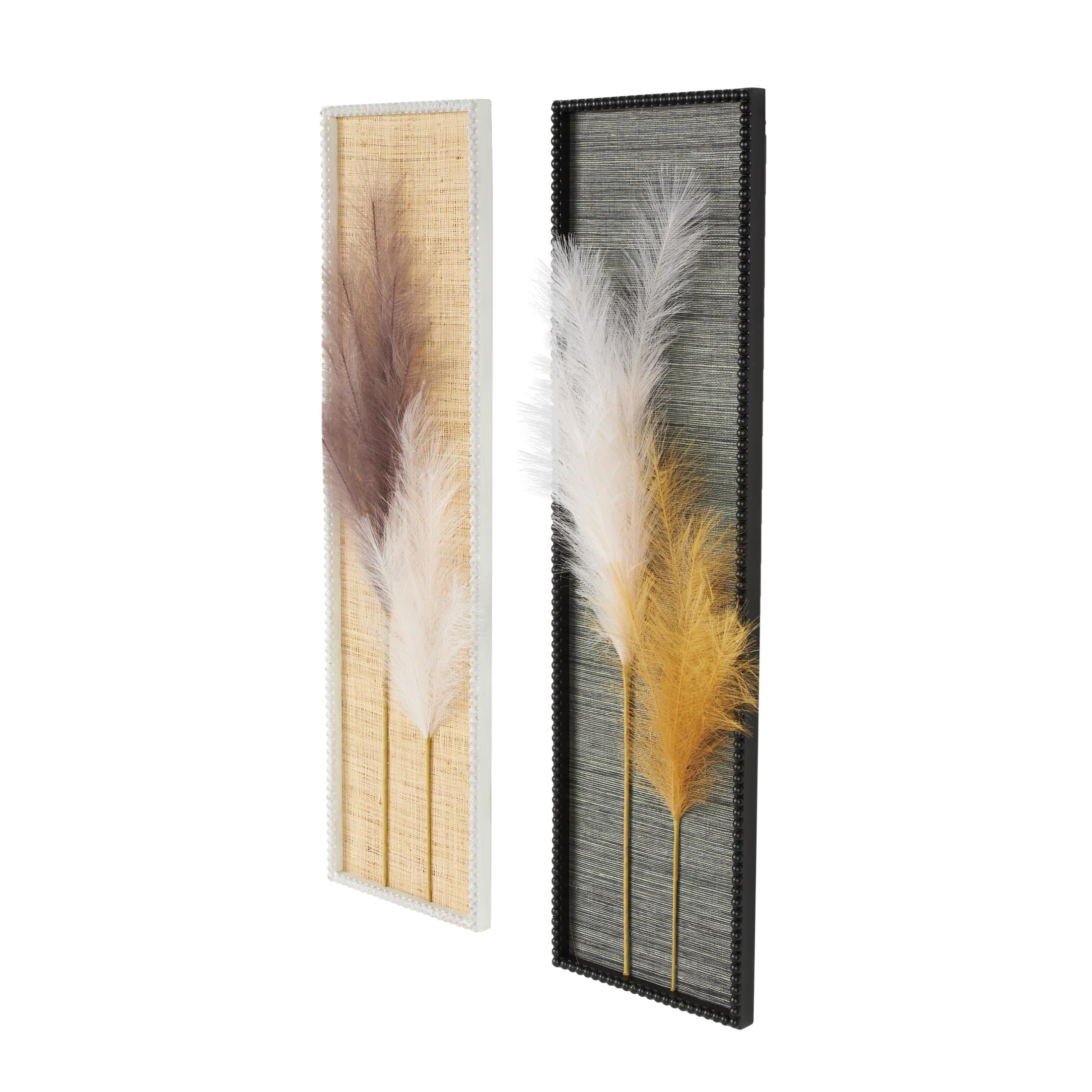 DecMode Brown Wood Handmade 3D Pampas Stem Leaf Wall Decor with Textured Backing and Beaded Frame (2 Count)