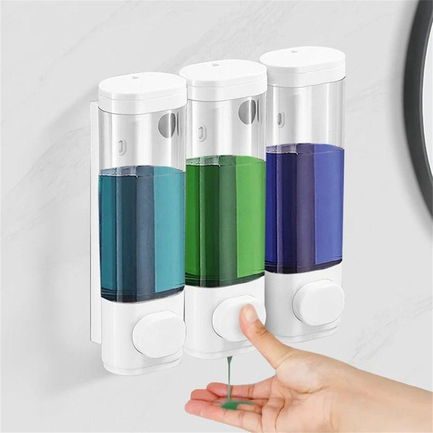 Dingrich Shower Soap Dispenser, Wall Mounted No Drill Shampoo Dispenser 3x400ml Bottle with Labels, Shampoo and Conditioner Dispenser for Shower Room, Bathroom, Hotel - White