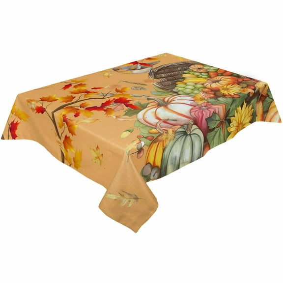 Orange Thanksgiving Pumpkin Rectangle Tablecloths 60x84,Fall Maple Leaves Bird Wheat Table Cloth Table Cover Indoor/Outdoor Tabletop Decor for Wedding Holiday Party Dinner Baby Shower