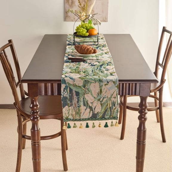 Table Runner, Luxury Jacquard Fabric Dining Table Runner with Tassels for Home Decoration Kitchen Party,12" x 47",Style 2