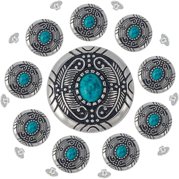 1 Box 10Pcs Turquoise Screw Back Buttons 30mm Synthetic Turquoise Concho Cat Eye Engraved Metal Buttons Replacement Vintage Alloy Buckle for DIY Leather Craft Fabrics Sewing Decoration