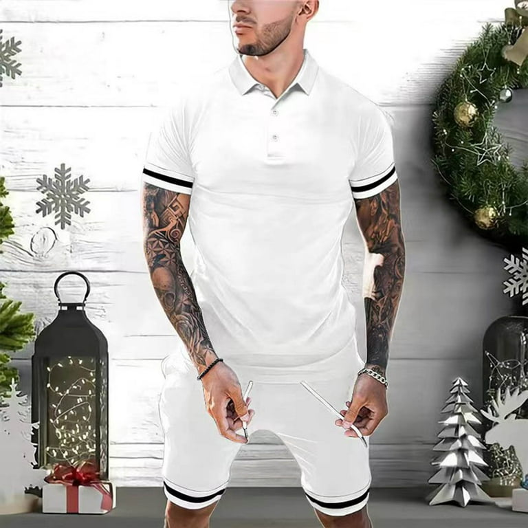 Reoriafee Track Suits for Men Outfits Matching Jogger Clothes for Active Wear Travel Outfit Men Casual Turn Down Button T-Shirt Short Sleeve Blouse