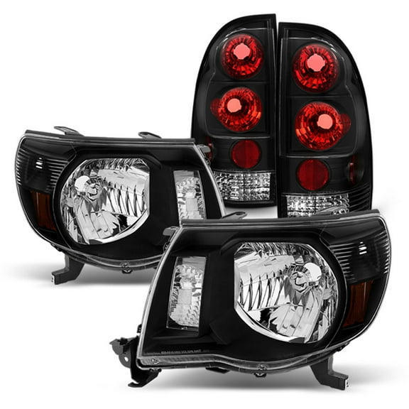 AKKON - Fits 2005-2011 Toyota Tacoma Pickup Truck Black Headlights Blk Bezek Rear Tail Brake Lamp Pair Left Right