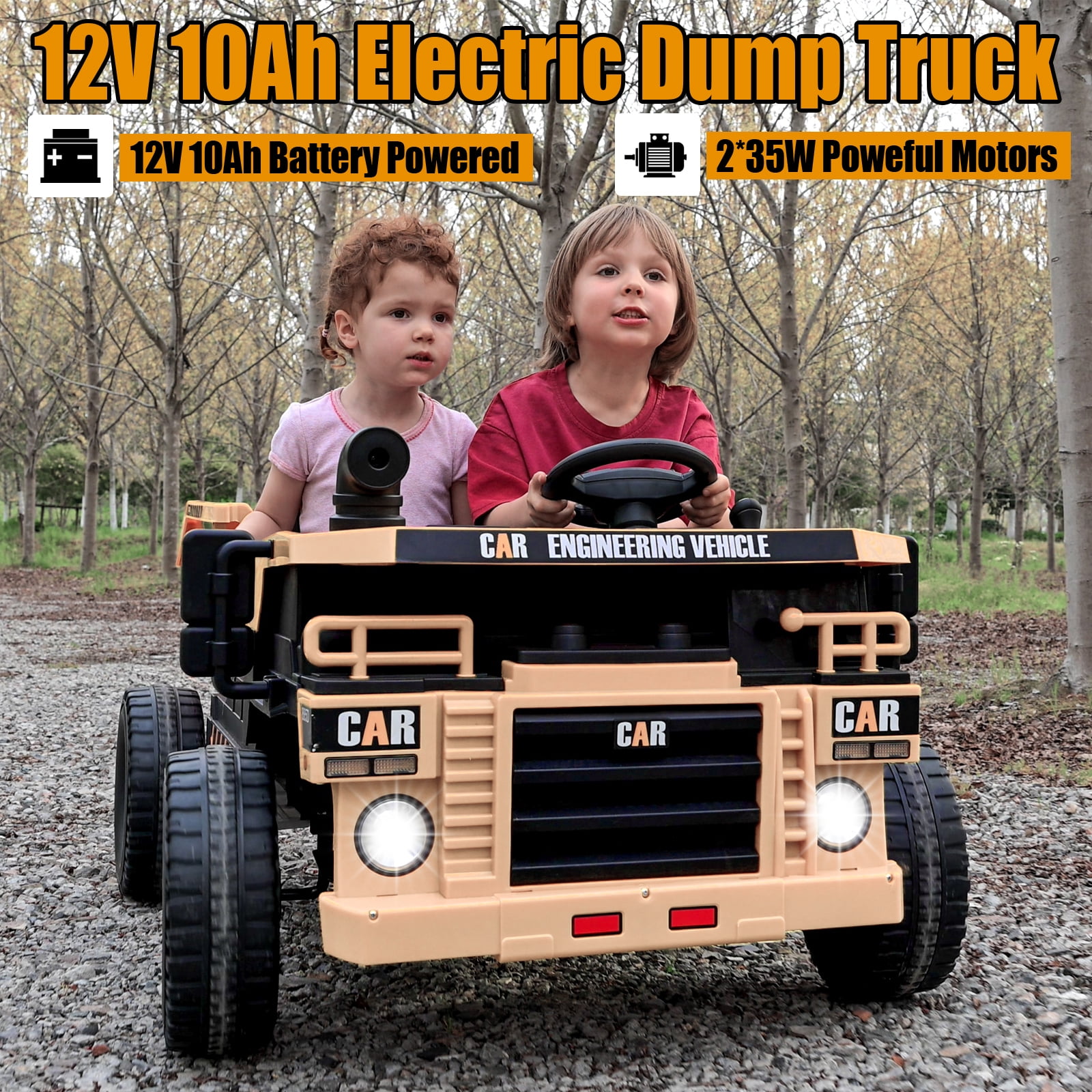 FINITO 12V 10Ah Ride on Tor for Toddlers, Powerful 4 Wheels Electric Dump Truck, 2 Seater Kids Ride on Car w/Parent Remote Control, Khaki