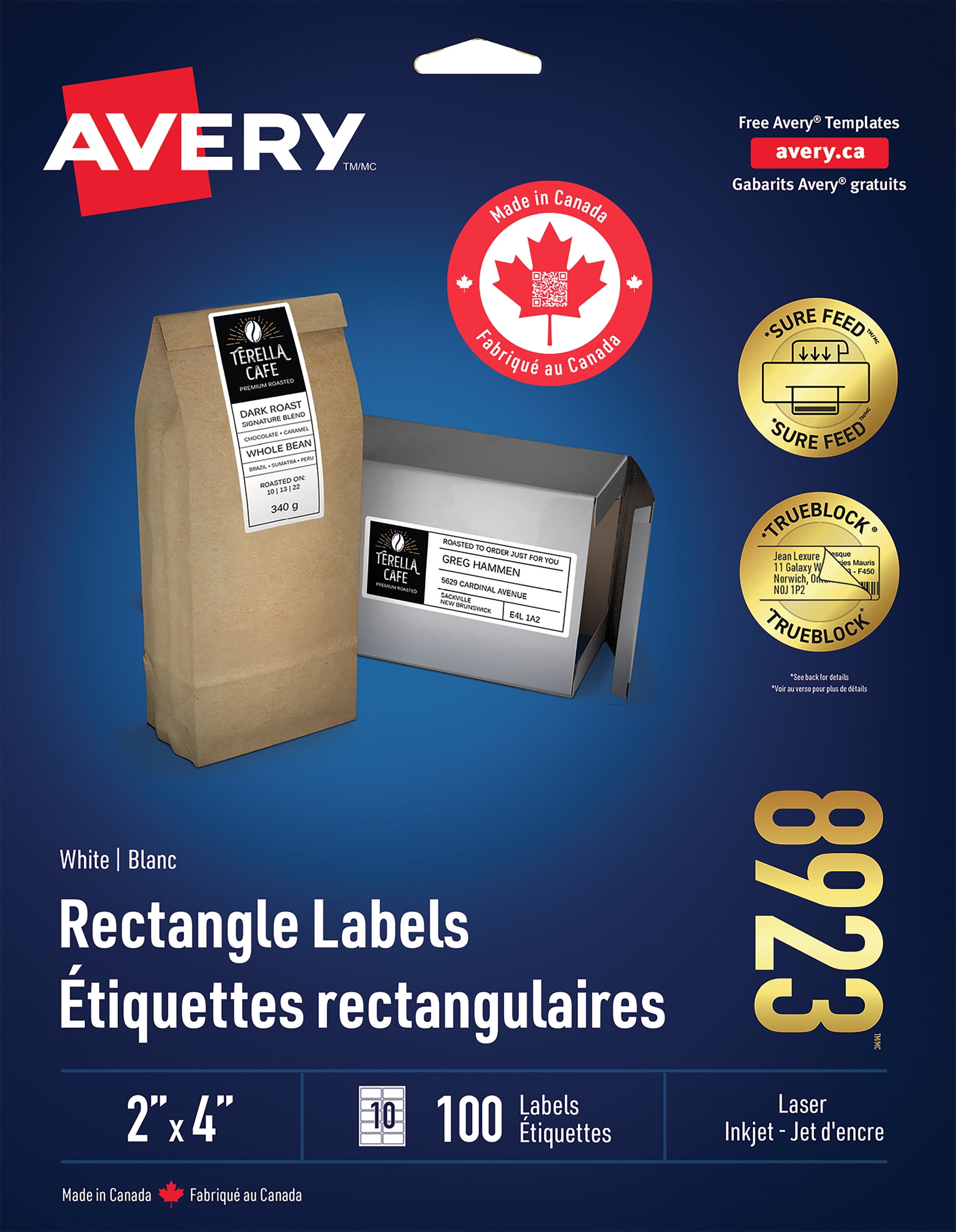 Avery White Rectangle Labels with Sure Feed Technology, TrueBlock, 2" x 4", for Laser and Inkjet Printers 10 labels/Sheet, 10 Sheets/Pack - 8923