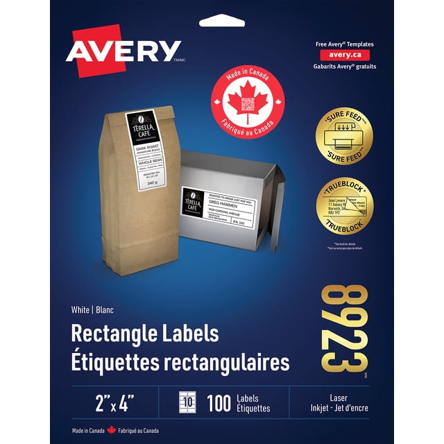 Avery White Rectangle Labels with Sure Feed Technology, TrueBlock, 2" x 4", for Laser and Inkjet Printers 10 labels/Sheet, 10 Sheets/Pack - 8923