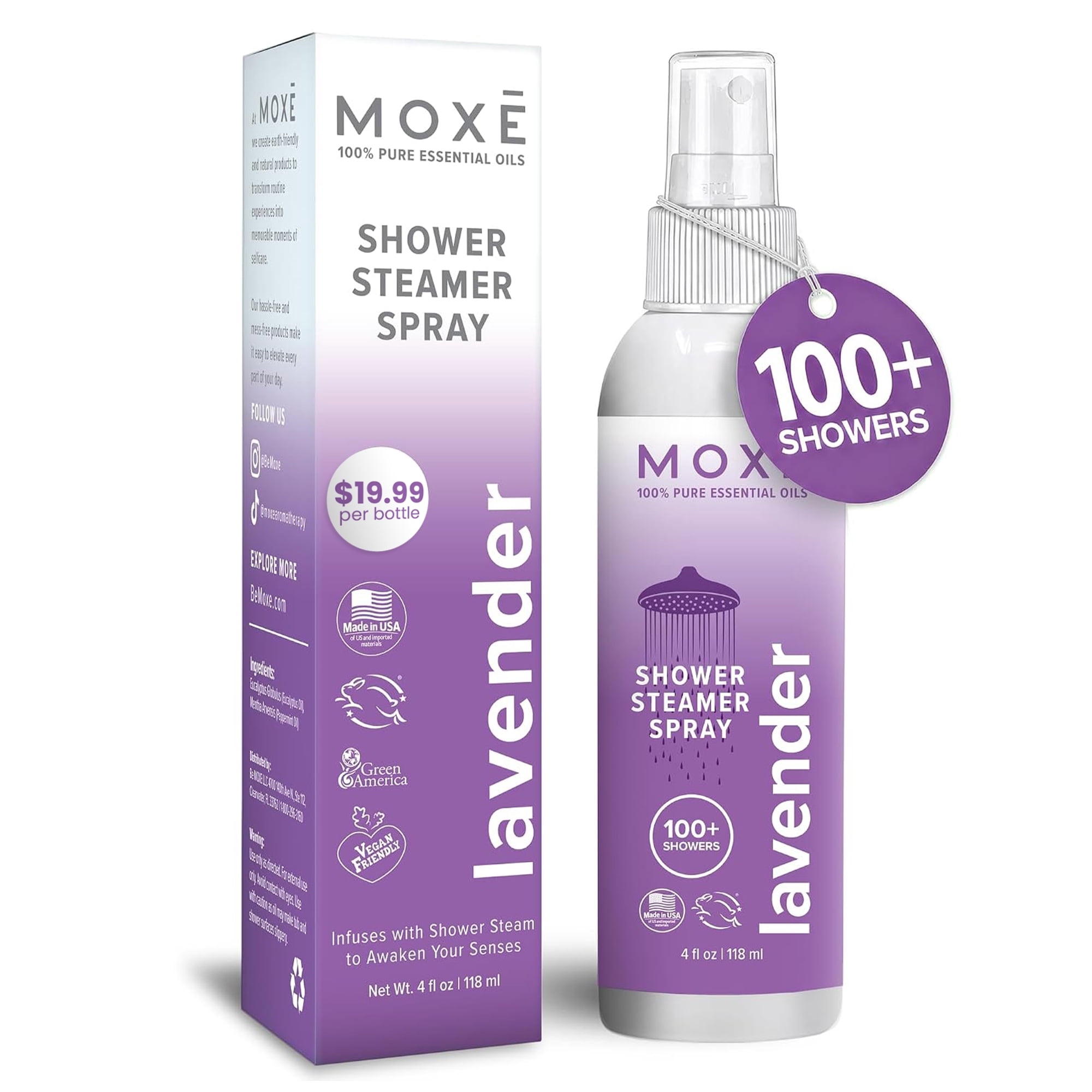 MOXE Lavender Steam Shower Spray Aromatherapy Essential Oils Shower Mist for Relaxation 4 oz