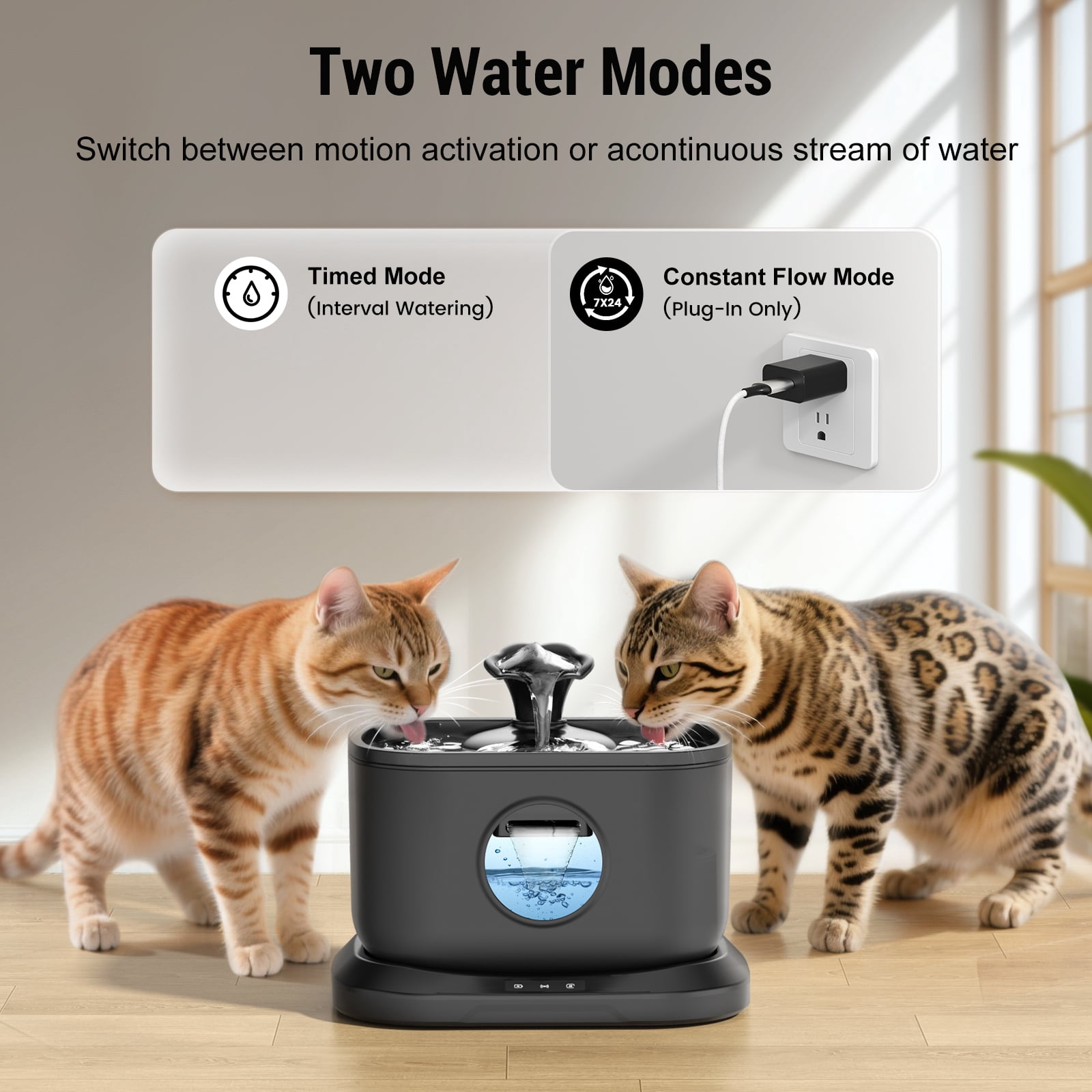 Cat Water Fountain, Radar Sensing Cordless Water Fountains for Cats Indoor, Battery Operated Wireless Pump, Premium Multi-Layer Filter 2.5L/84oz Quiet Automatic Pet Dispenser, Black