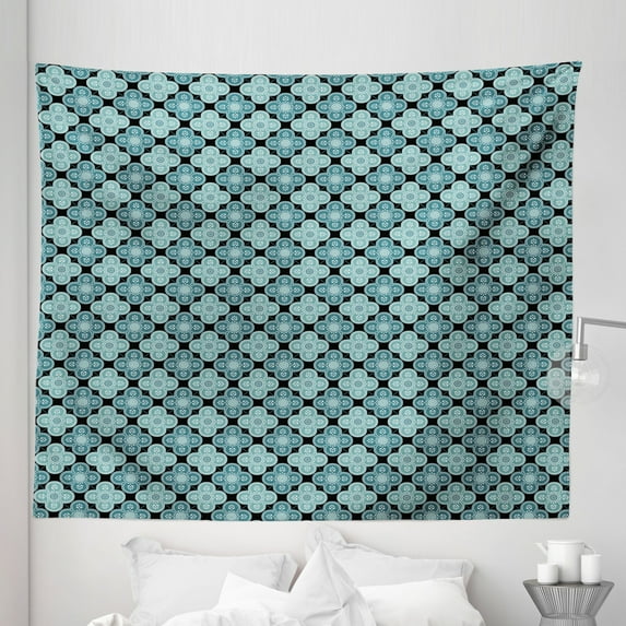 Moroccan Tapestry, Floral Inspire Mediterranean Oriental Damask Print, Fabric Wall Hanging Decor for Bedroom Living Room Dorm, 5 Sizes, Teal Petrol Blue, by Ambesonne