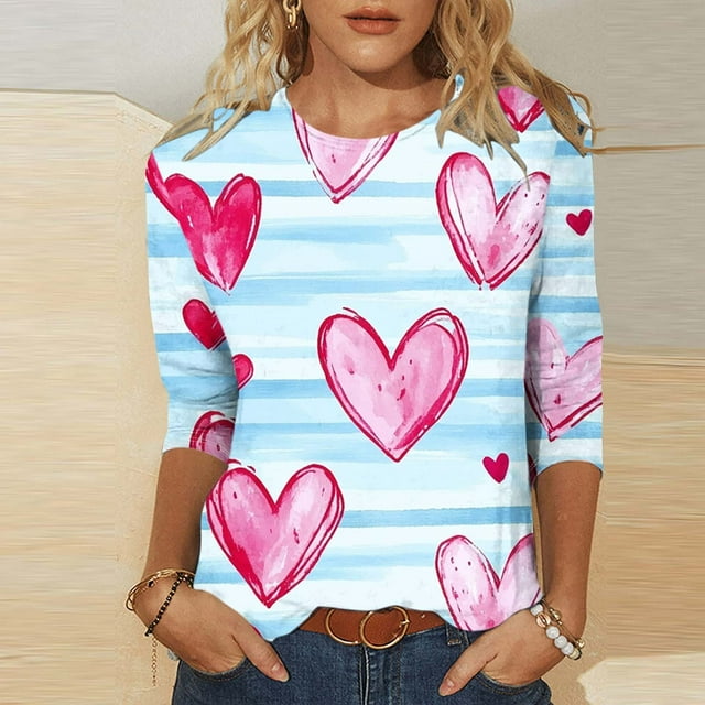 TaTaai Women's Valentine Heart Print 3/4 Sleeve Round Neck Loose T-Shirt, Valentine's Day Gift, Casual Daily Home Work Top Gift