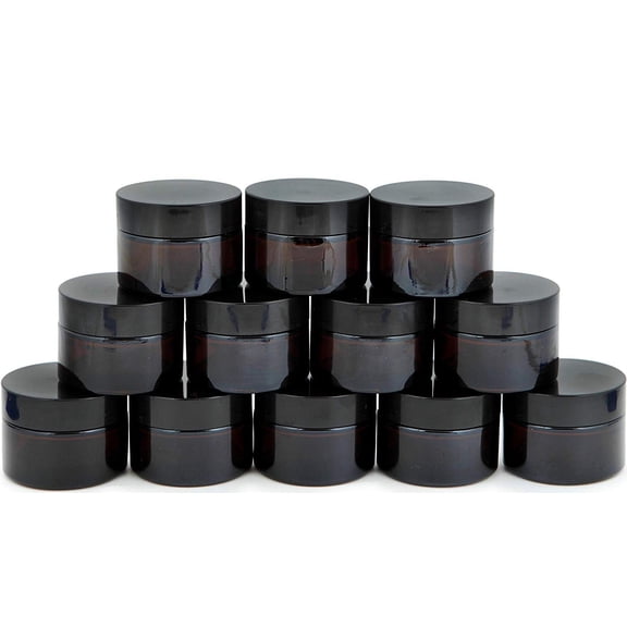 Vivaplex, 12, Amber, 1 oz, Round Glass Jars, with Inner Liners and black Lids