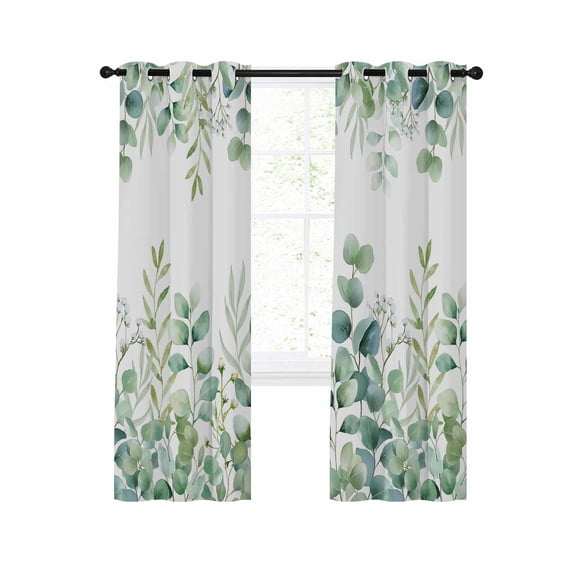 Green Eucalyptus Leaves Blackout Curtains, Light Blocking Print Window Curtains, Watercolor Spring Summer Botanical Thermal Insulated Window Drapes for Living Room 2 Panels, 104"W x 52"L