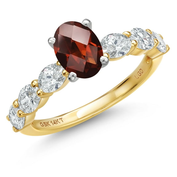 Gem Stone King 14K Two Tone Gold Red Garnet and Lab Grown Diamond Engagement Ring for Women | 1.90 Cttw | Oval Checkerboard 7X5MM | Gemstone January Birthstone | Size 8
