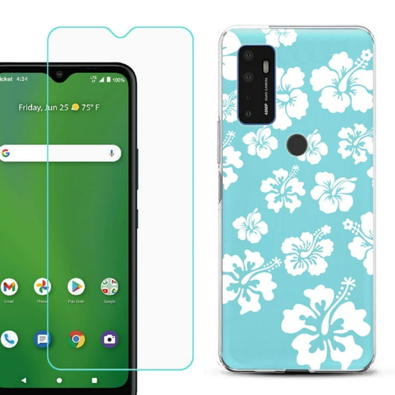 Shockproof Bumper Phone Case for AT&T Radiant Max 5G / Fusion 5G, with Tempered Glass Screen Protector, by OneToughShield ® - Hibiscus Teal