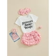thumbnail image 3 of Bslissey Baby Girls Summer Outfits 3M 6M 12M 18M Short Sleeve Letter Print Romper + Layered Hem Shorts + Bow Headband 3Pcs Newborn Infant Casual Cute Skirt Sets, 3 of 9