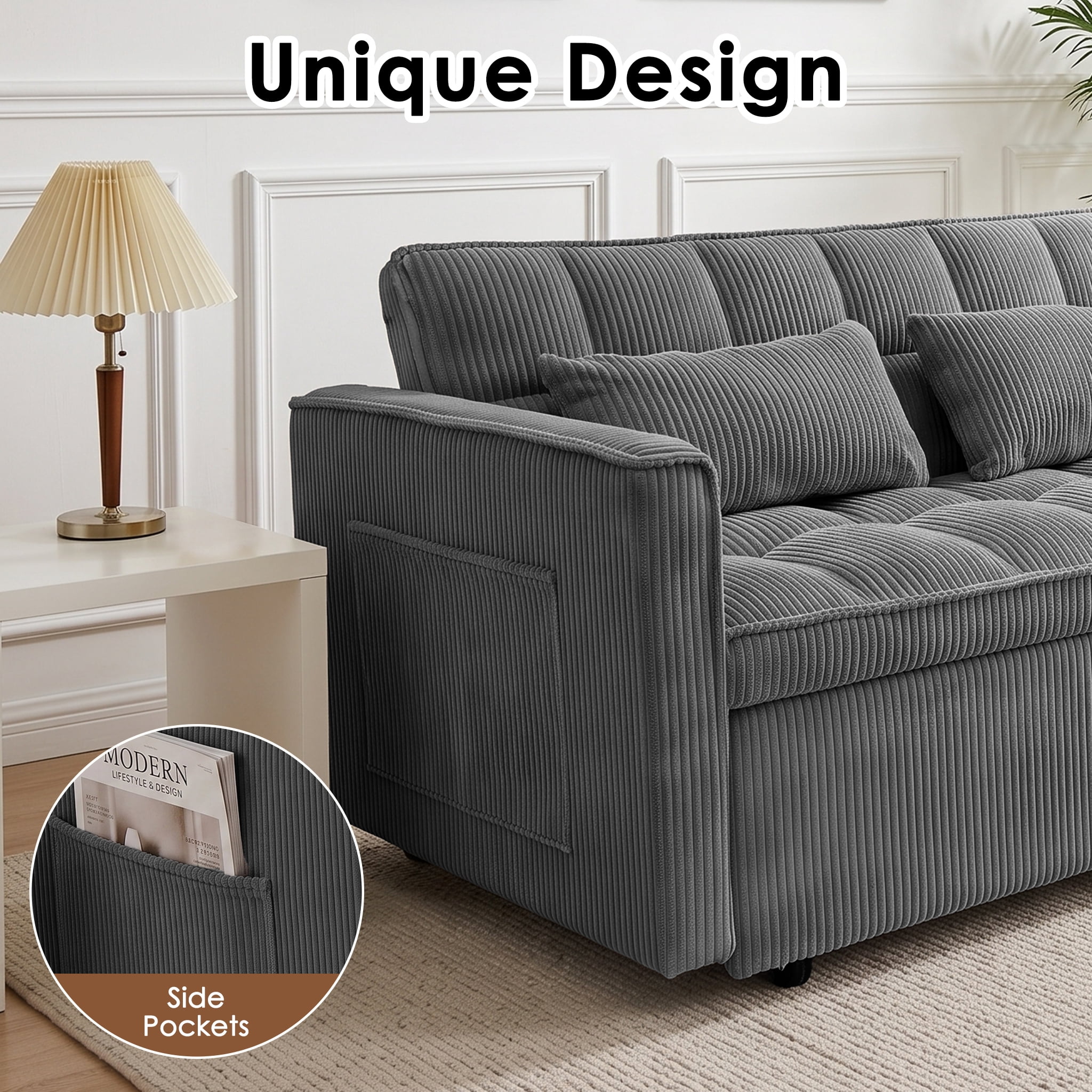 AISWORD Sleeper Sofa Bed, 3-in-1 Convertible Pull Out Couch with Adjustable Backrest for Living Room, Loveseat Sofa Bed with Side Pockets, Dark Gray