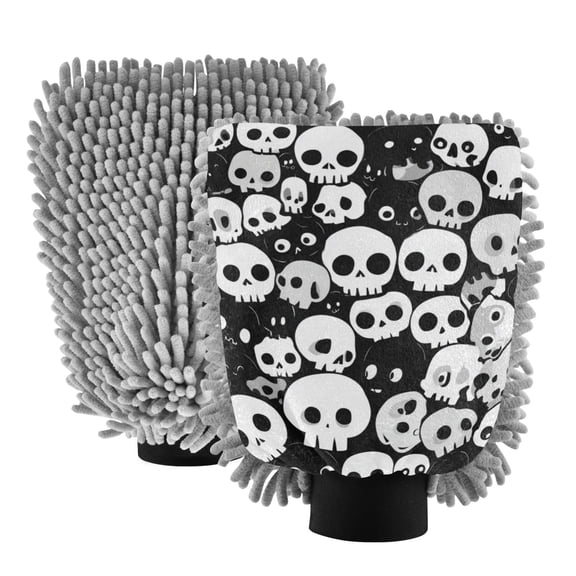 Microfiber Car Wash Gloves With Chenille & Polyester Terry Scratch-Free Cleaning Elastic Cuffs Black White Color Skulls