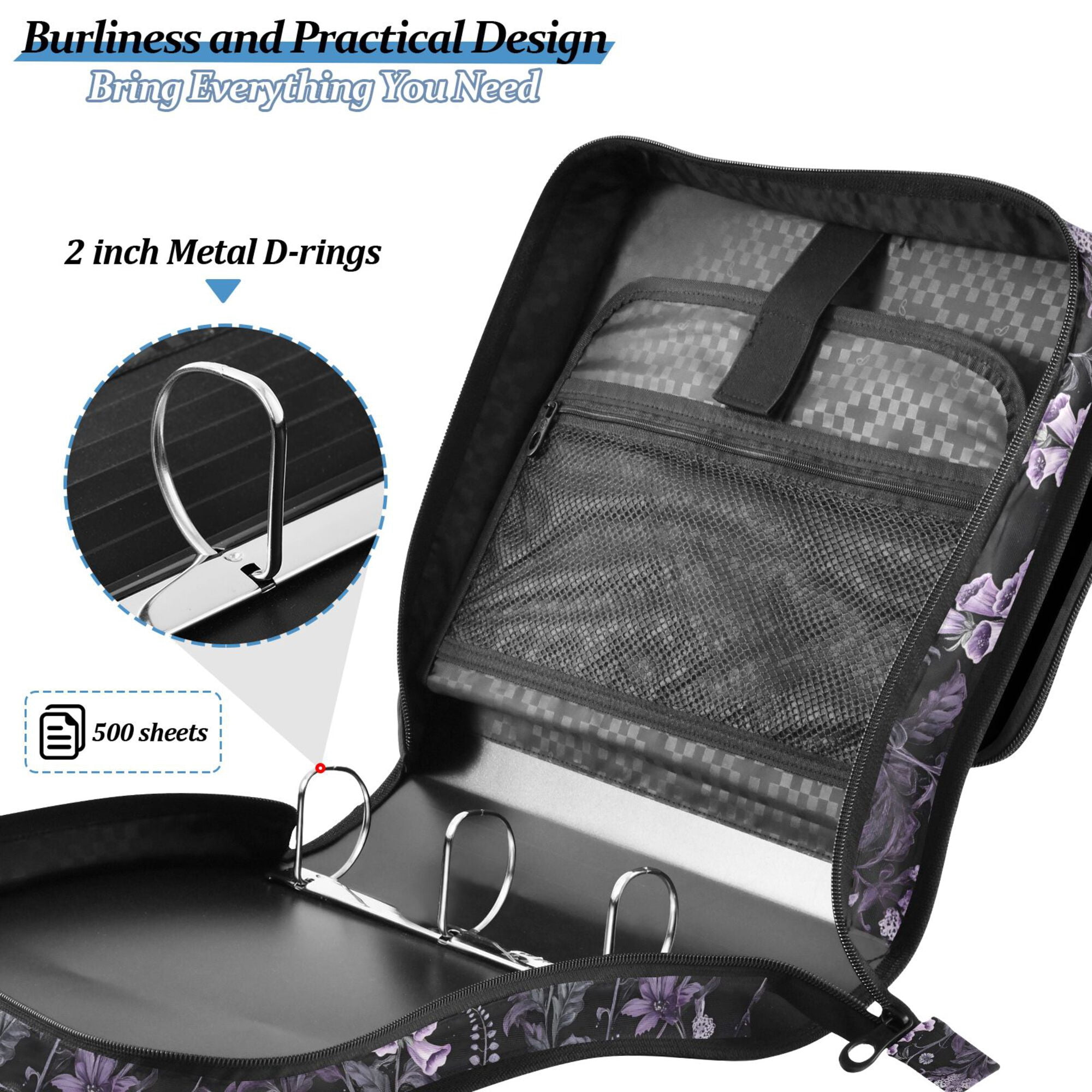 FORMRS Zipper Binder with Shoulder Strap 2-inch Ring 500 Sheet Capacity File Bag, Light Purple Flowers