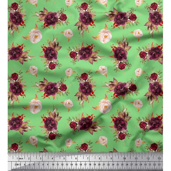 Soimoi Green Cotton Duck Fabric Leaves & Rose Floral Print Print Fabric By the Yard 44 Inch Wide