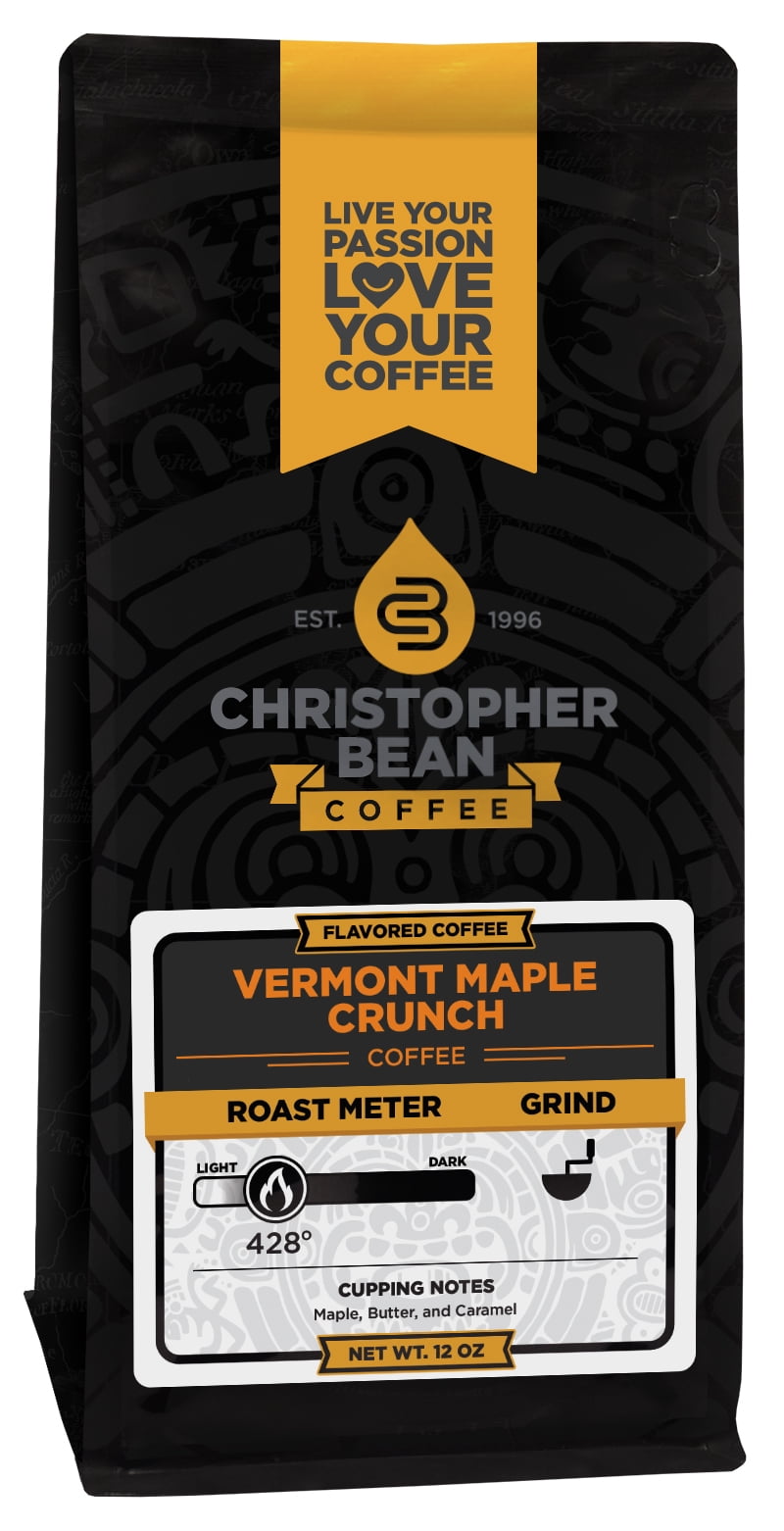 Vermont Maple Crunch Flavored Regular Whole Bean Christopher Bean Coffee, 100% Arabica, No Sugar, No Fats, Made with Non-GMO Flavorings, 12 Oz Bag of coffee