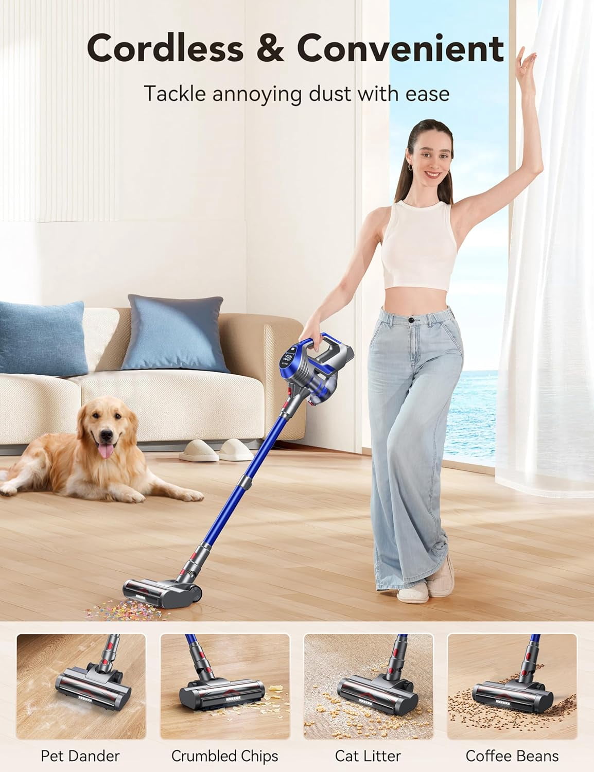 Lightweight Cordless Vacuum with 28Kpa Powerful Suction, Stick Vacuum Cleaner for Carpet, Tile, Hardwood Floors