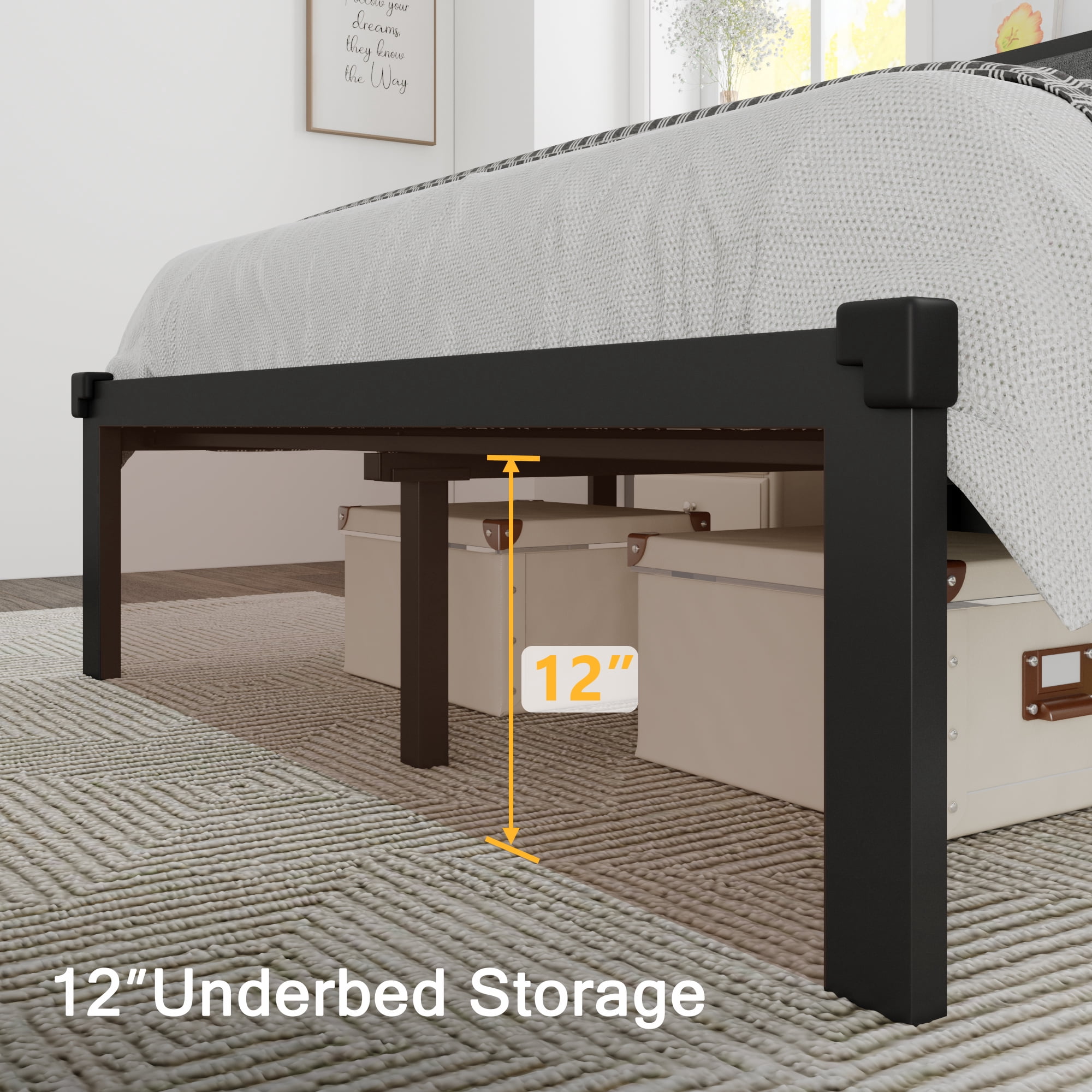 Einhomn Modern Metal Platform Bed Frame with Fabric Upholstered Headboard 12" Underbed Storage, Full Size