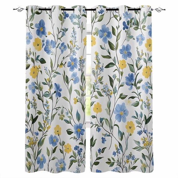 Blue Yellow Floral Spring Blackout Curtains 84 Inches Long for Bedroom, Summer Botanical Pastoral Green Thermal Insulated Room Darkening Black Out Window Curtain Panels Grommet Drapes for Living Room