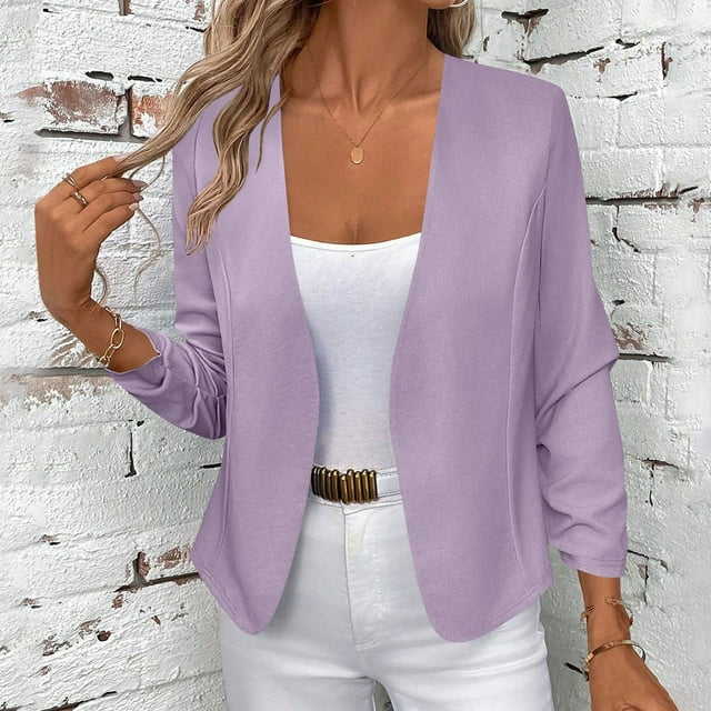 Pincandy Women's Casual Lightweight Jackets Ruched 3/4 Sleeve Open Front Work Office Blazer Suit Jacket