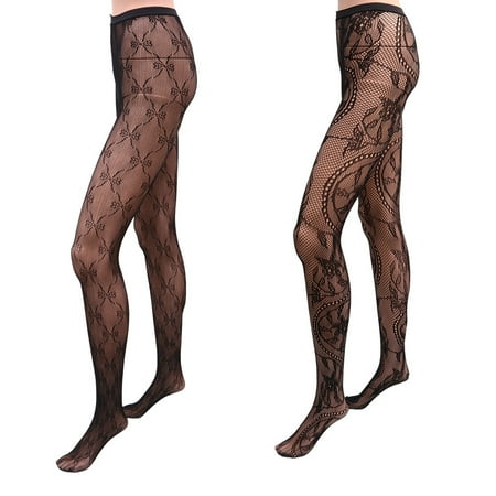 

NUOLUX 2pcs Retro Woman Fishnet Stockings Sexy Mesh Stockings Jacquard Hollow Out Pantyhose Women Clothes for Summer (Black 1pc Bowknot 1pc Wheel)