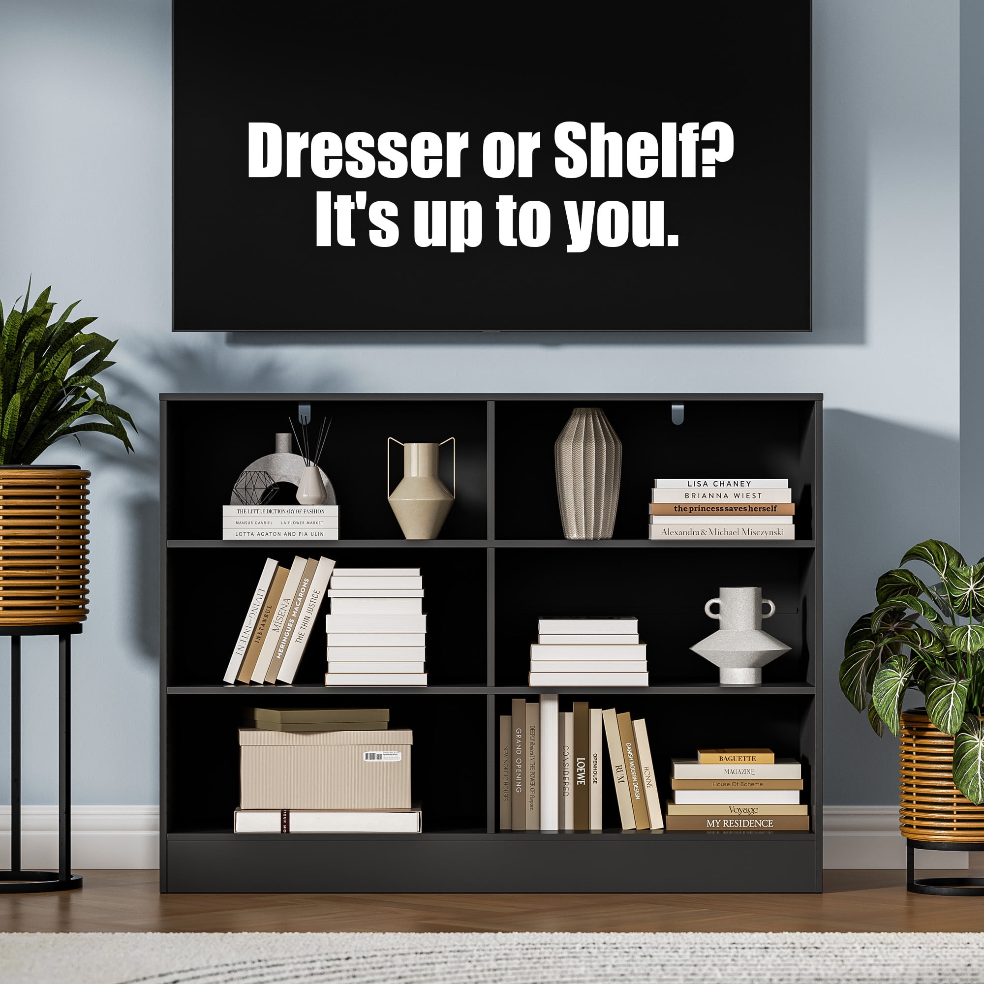 3 Tier Storage Organizer Wooden Book Shelf, 6 Cube Bookcase, 6 Removable Fabric PU Drawers Open Bookshelf, Modern Floor Standing Display Bookshelf for Living Room, Entryway, Home Office,Black