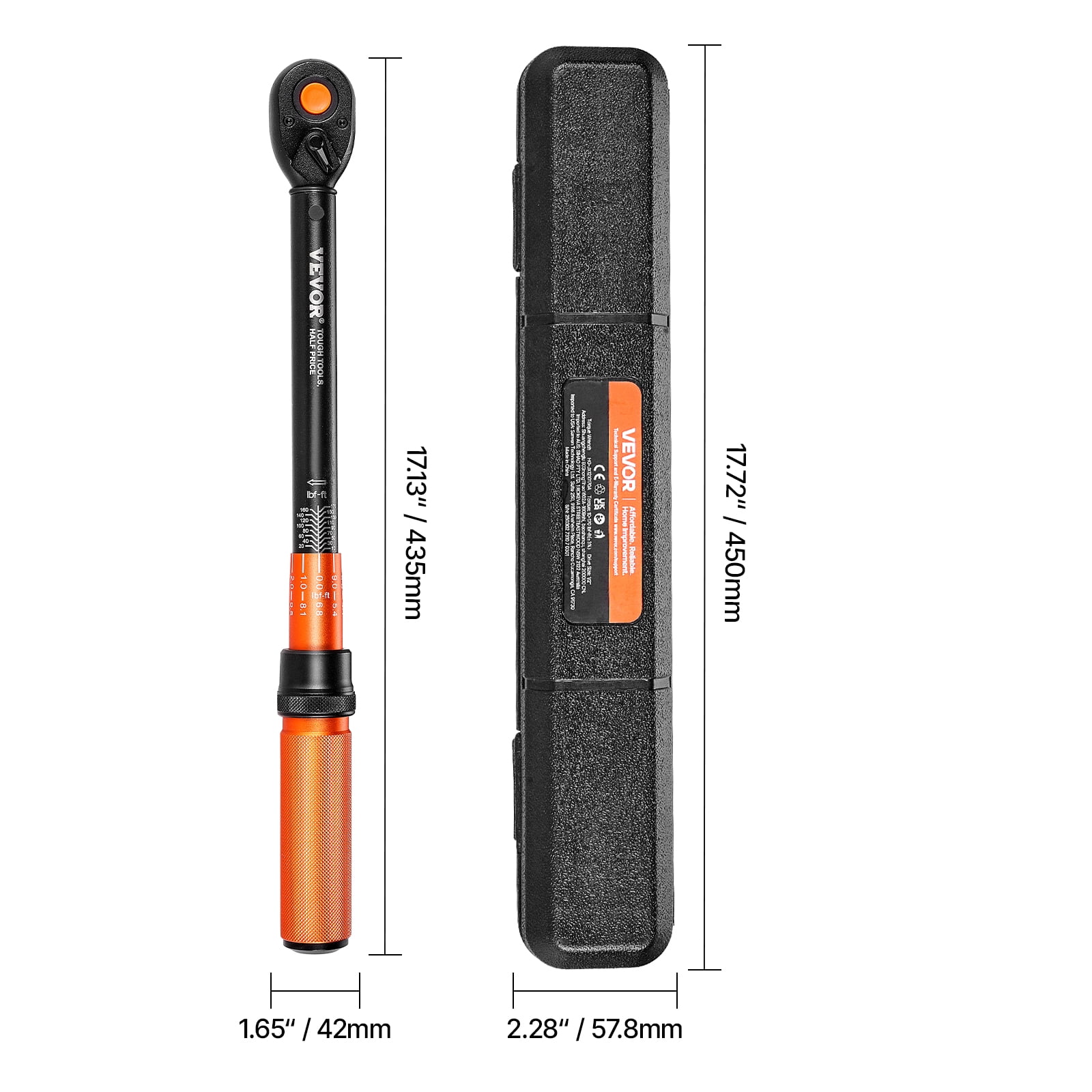 VEVOR Click Torque Wrench, 1/2 Inch Drive, 10-170 lbf-ft/13.6-230.5 N.m, Dual-direction Torque Wrench with Dual Range Scales, 72-tooth, ±3% High Precision, with Carrying Case, for Automobile Repair