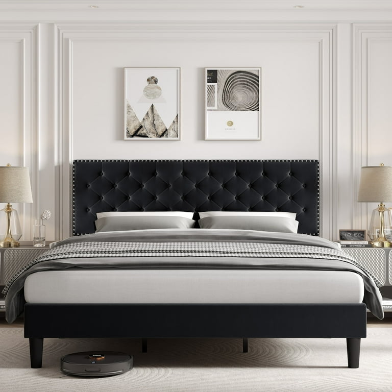 GARVEE Upholstered Full Size Bed Frame with Adjustable Headboard Linen Fabric High Resilience Sponge Button Tufted No Box Spring Black