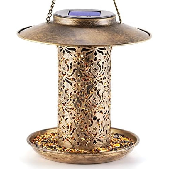 Solar Bird Feeder for Outdoors Hanging, Metal Wild Bird Feeder for Cardinals Solar Garden Lantern with S Hook as Gift Ideas for Bird Lovers (2LBs Heavy Duty Weather Resistance birdfeeders)