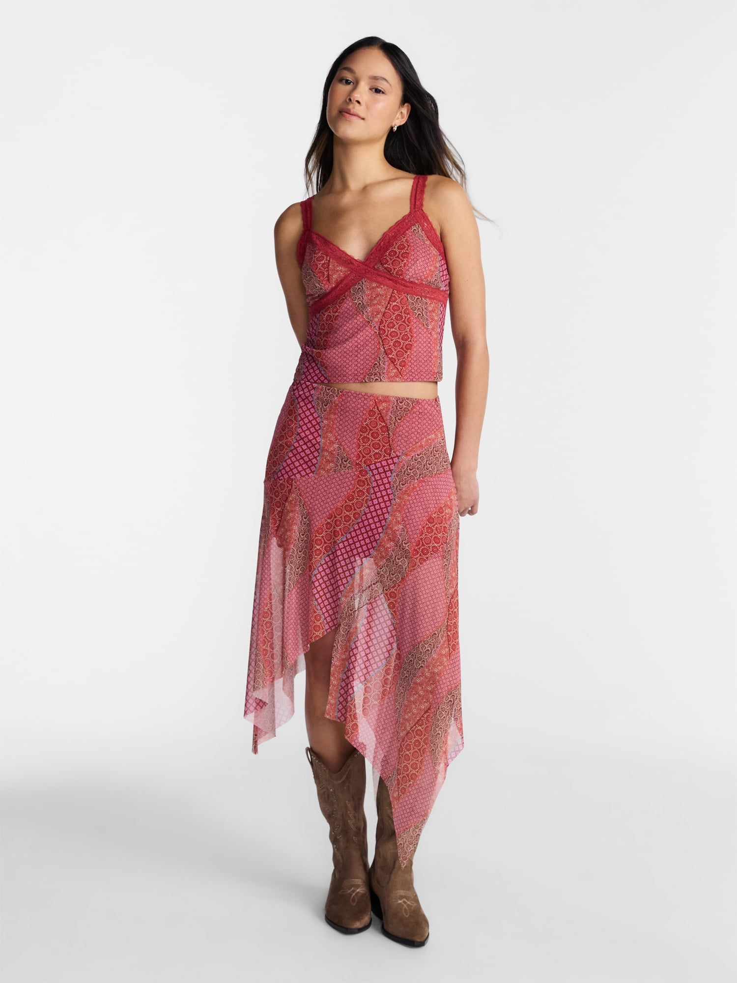 No Boundaries Asymmetrical Mesh Midi Skirt, Women's XXS-XXL